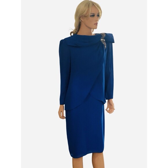 Vtg Dress 80s Long Sleeve Evening XLP Mother The Bride Modest Blue Sequins Midi - Picture 7 of 16